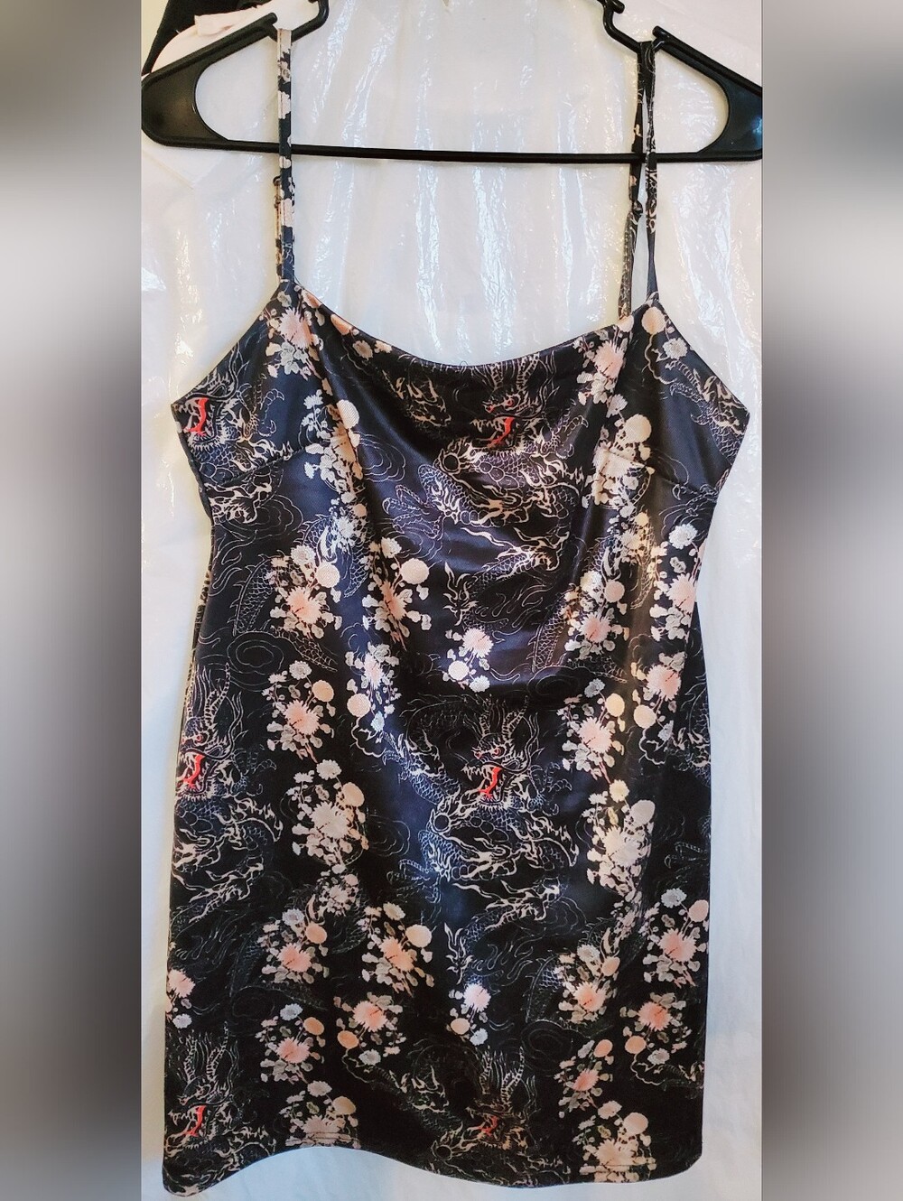 Urban Outfitters Black Slip Dress with Cream Floral & Dragon Motif